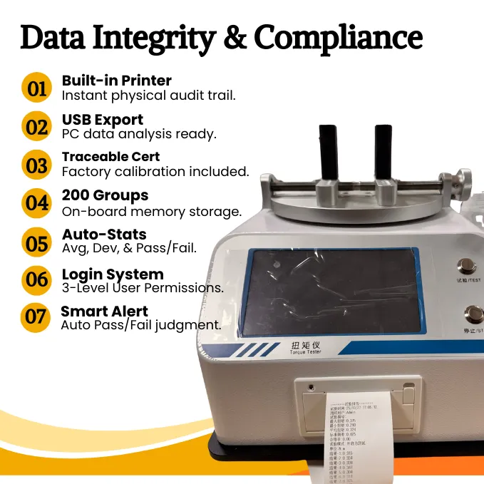 Built-in micro printer on torque tester generating audit trail data